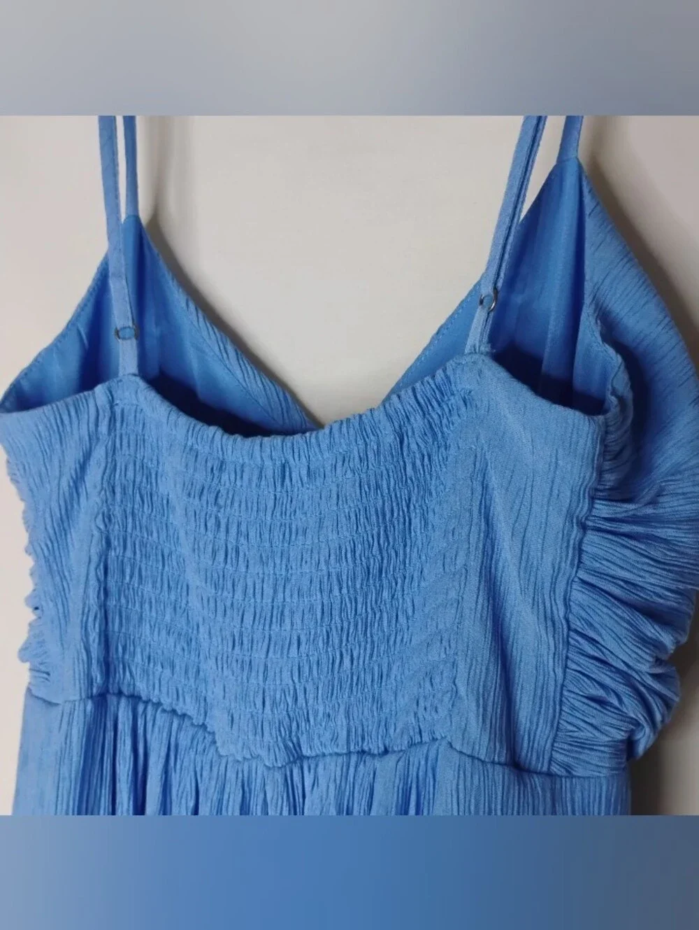 Abercrombie & Fitch Ruched Crinkle Textured Maxi Dress Blue Side Slit XS Tall